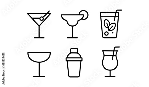 Minimalist outline icons of classic cocktails and glassware collection