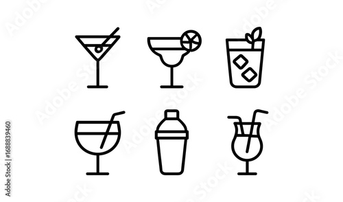 Elegant line art cocktail icons set for modern bar and mixology designs