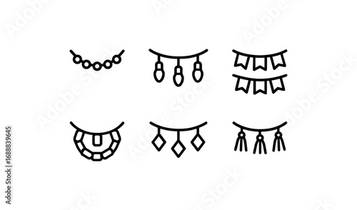 Minimalist line art of various hanging decorations in black and white
