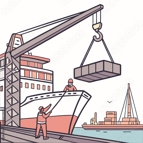 Cargo Ship Loading at the Dock: Workers and Crane Operation