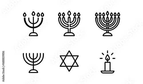 Minimalist hanukkah icons set: menorahs and star of david in linear style