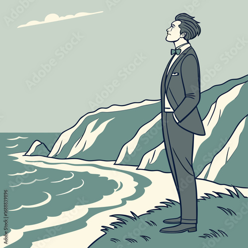 Contemplative Man in Tuxedo Overlooking Ocean Coastline