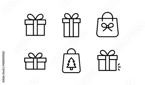 Simple gift box and shopping bag icons with christmas elements in linear style
