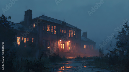 A realistic Halloween 2026 wallpaper of a creepy abandoned school at night, broken windows, flickering lights, and mist rising from the ground