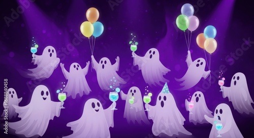 Spooky ghost party with balloons and cocktails celebrating Halloween with vibrant purple background