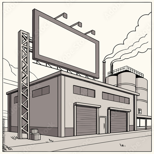 Grayscale Illustration of Industrial Building with Large Blank Billboard