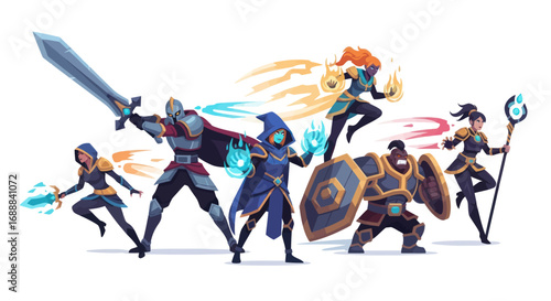Valokuva A diverse team of fantasy heroes and warriors with magic and weapons poised for battle