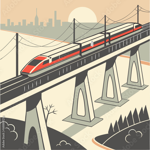 High Speed Train on Elevated Bridge at Sunset