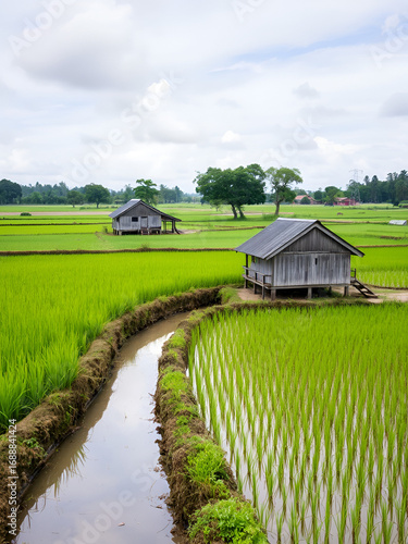 Old wooden housing and paddy field