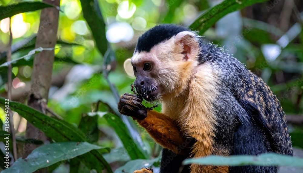Fototapeta premium Monkey eating leaves in jungle