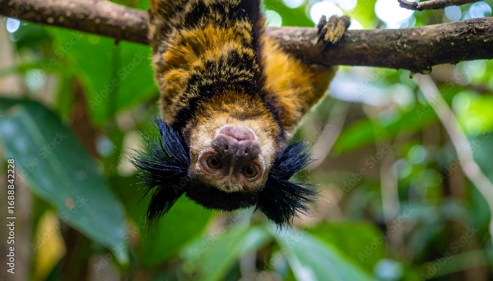 Obraz premium Monkey hanging upside down in forest (1)