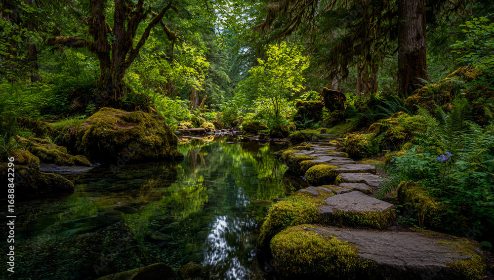 Obraz premium Tranquil forest stream with moss covered rocks and lush green trees reflecting in the water