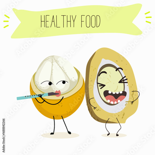 Platonia insignis, bacuri, funny characters, hand drawn vector illustration.