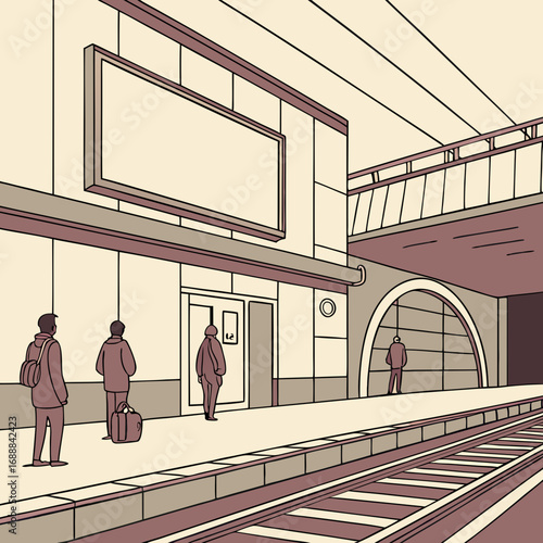 Passengers Waiting at a Minimalist Train Station Platform