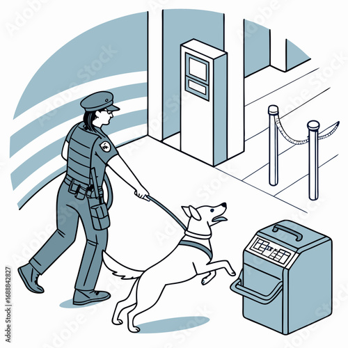Police Officer and Detection Dog at Airport Security Checkpoint
