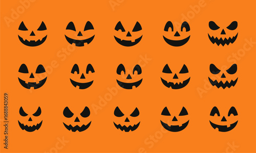 Halloween seamless pattern with spooky and funny pumpkin faces. Black jack-o’-lantern silhouettes on an orange background, perfect for seasonal design, decoration, and party themes.