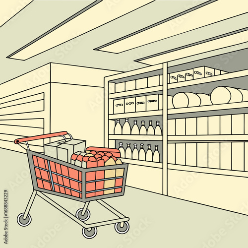 Shopping Cart in Supermarket Aisle Illustration