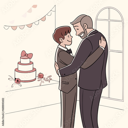 Two Men Embracing at a Wedding Reception