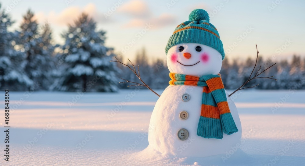 Fototapeta premium Happy Snowman in a Winter Wonderland Scene
