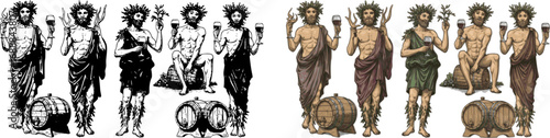 Vector Illustration Set of Bacchus with Wine Glass and Barrel in Classic Engraving Style, Mythology and Vineyard Theme