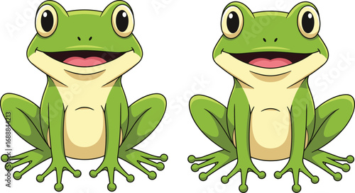 Cute cartoon frog illustration with big eyes, sitting posture, smiling expression, green amphibian vector art for children’s books and education.