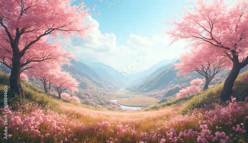 Cherry blossom valley in spring bloom