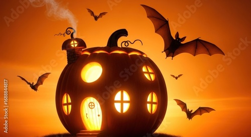 Enchanting Halloween pumpkin house with bats flying in golden sunset atmosphere, perfect for spooky season.