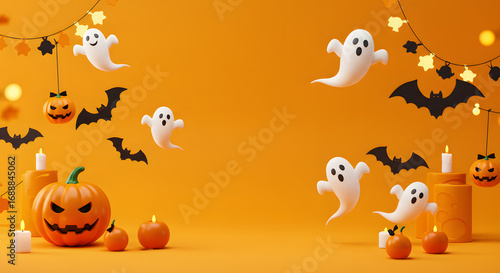 3D Halloween background featuring cute white ghosts, carved pumpkins, bats, candles, and festive decorations on an orange backdrop.