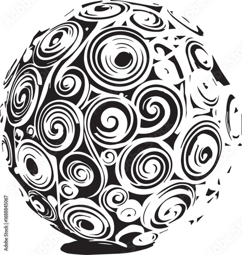 Abstract black and white spiral sphere with swirling patterns—dynamic 3D vector for optical illusion and design concepts