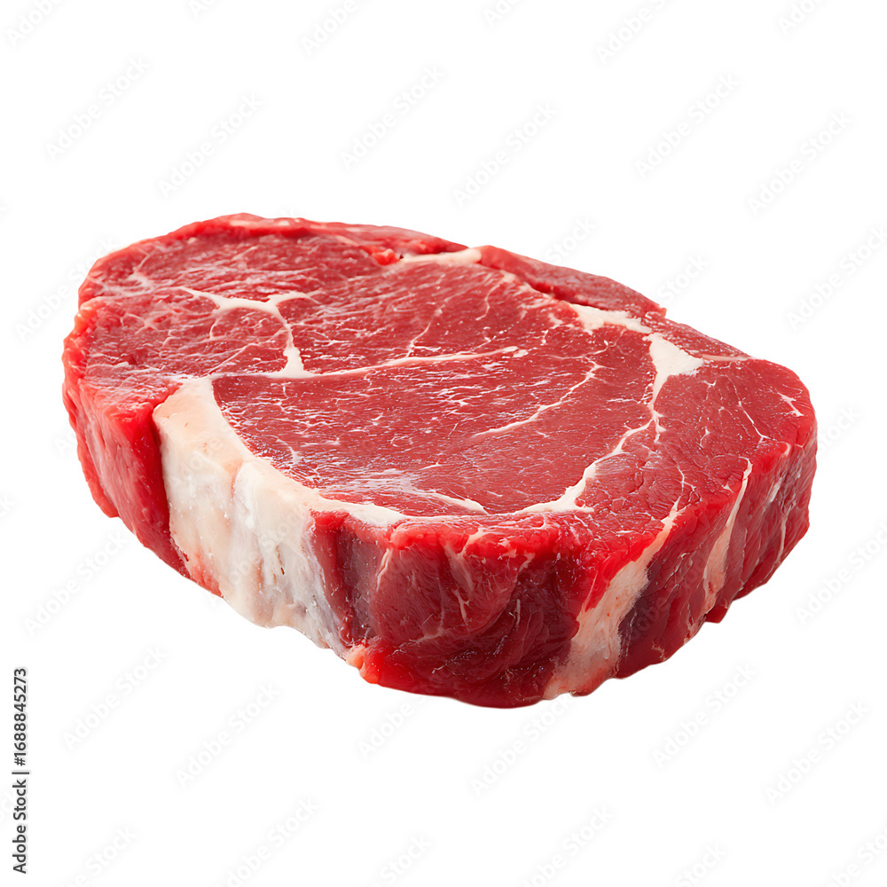 Obraz premium A cut of raw beef with marbling visible resting against a transparent background The meat is a deep red color