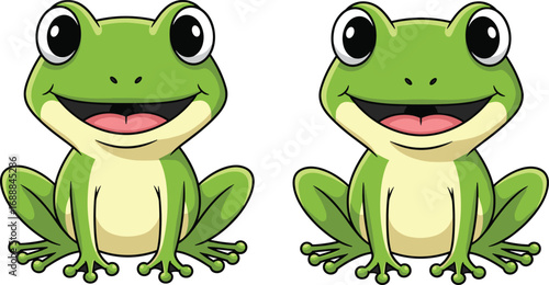 Cute cartoon frog vector illustration with big eyes, smiling face, sitting pose, green amphibian design for children’s book and education.