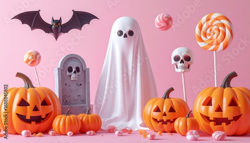Spooky halloween decorations arranged on pink surface with pumpkins, ghost, skull, bat, and candies creating a festive and playful scene.