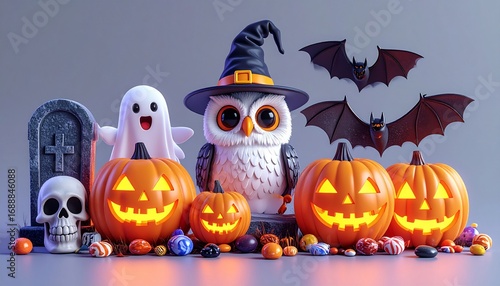 Halloween arrangement featuring pumpkins, ghost, owl, bats, and skull displayed on a gray surface, creating a spooky and festive atmosphere.