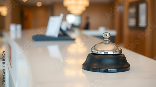shot of a clean but unused hotel bell on modern desk, representing underused facilities due to low occupancy untouched reception bell, modern counter unused, quiet hospitality, economic slowdown,