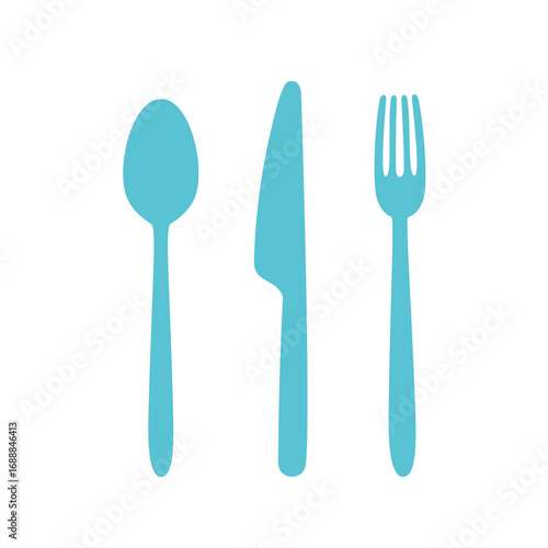 Blue silhouette icons of spoon, knife, and fork – minimalist cutlery set ideal for restaurant branding, menu design, and culinary projects.