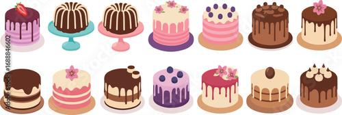 Assorted cakes with various toppings and frosting arrangements