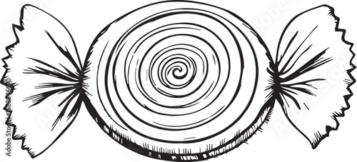Black and white silhouette of wrapped candy with spiral center and twisted ends, symbolizing sweets, packaging, and celebration