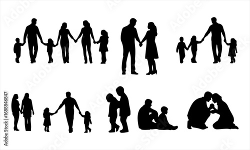 Happy Family Silhouette Vector, Parents and Children Silhouette