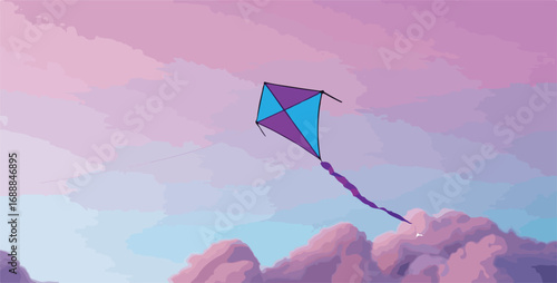 A kite soars high against a pastel sky with fluffy clouds below
