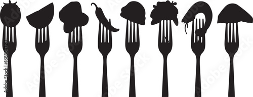 Silhouettes of various foods impaled on forks in a row design