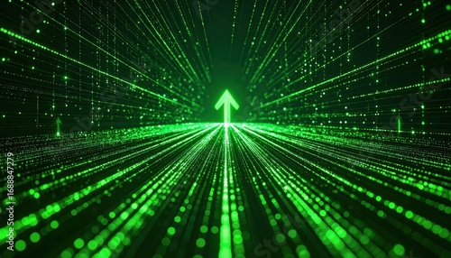 A vibrant green abstract image depicting lines and dots moving forward with an upward arrow, suggesting progress and direction.