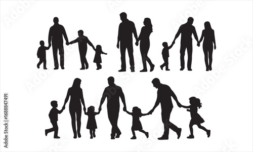 Happy Family Silhouette Vector, Parents and Children Silhouette