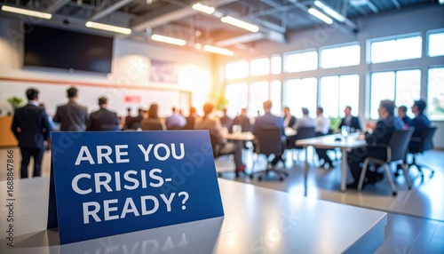 A group of professionals in a conference room focused on crisis readiness, with a prominent sign asking, 