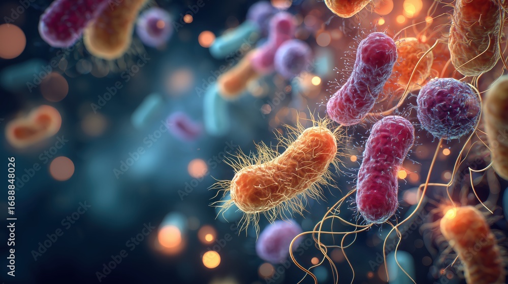 Obraz premium Human pathogenic bacteria of different shapes, photorealistic generative ai illustration. Includes cocci, bacilli, spirilla, and vibrio forms