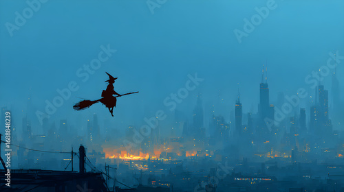 Fototapeta Naklejka Na Ścianę i Meble -  Cyberpunk witch with glowing broom flying over a futuristic city skyline