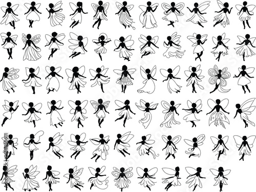 Collection of fairy silhouettes in various poses with unique wings and costumes, black fantasy vector illustration for magical, mythical, and decorative design