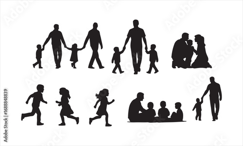Happy Family Silhouette Vector, Parents and Children Silhouette
