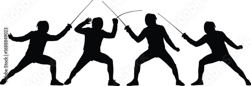 Fencing sport silhouettes of athletes in dynamic sword fighting poses with masks and gear, competitive duel vector illustration for sports design