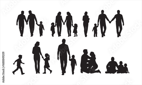 Happy Family Silhouette Vector, Parents and Children Silhouette