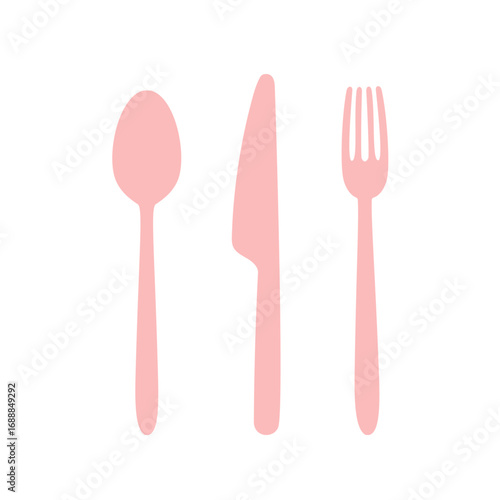 Pink silhouette icons of spoon, knife, and fork – minimalist cutlery set ideal for restaurant branding, menu design, and culinary projects.